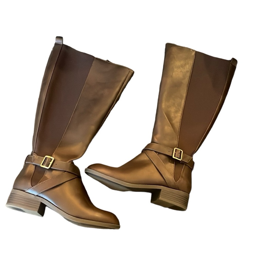 Brown Knee High Boots Sz 6.5 WC Wide Calf Side Zip Buckle KELLY & KATIE NEW